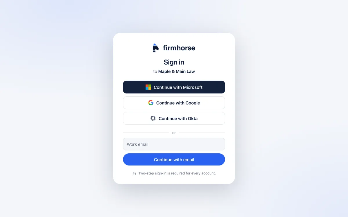 The Firmhorse sign-in screen with Microsoft, Google, Okta and email options.