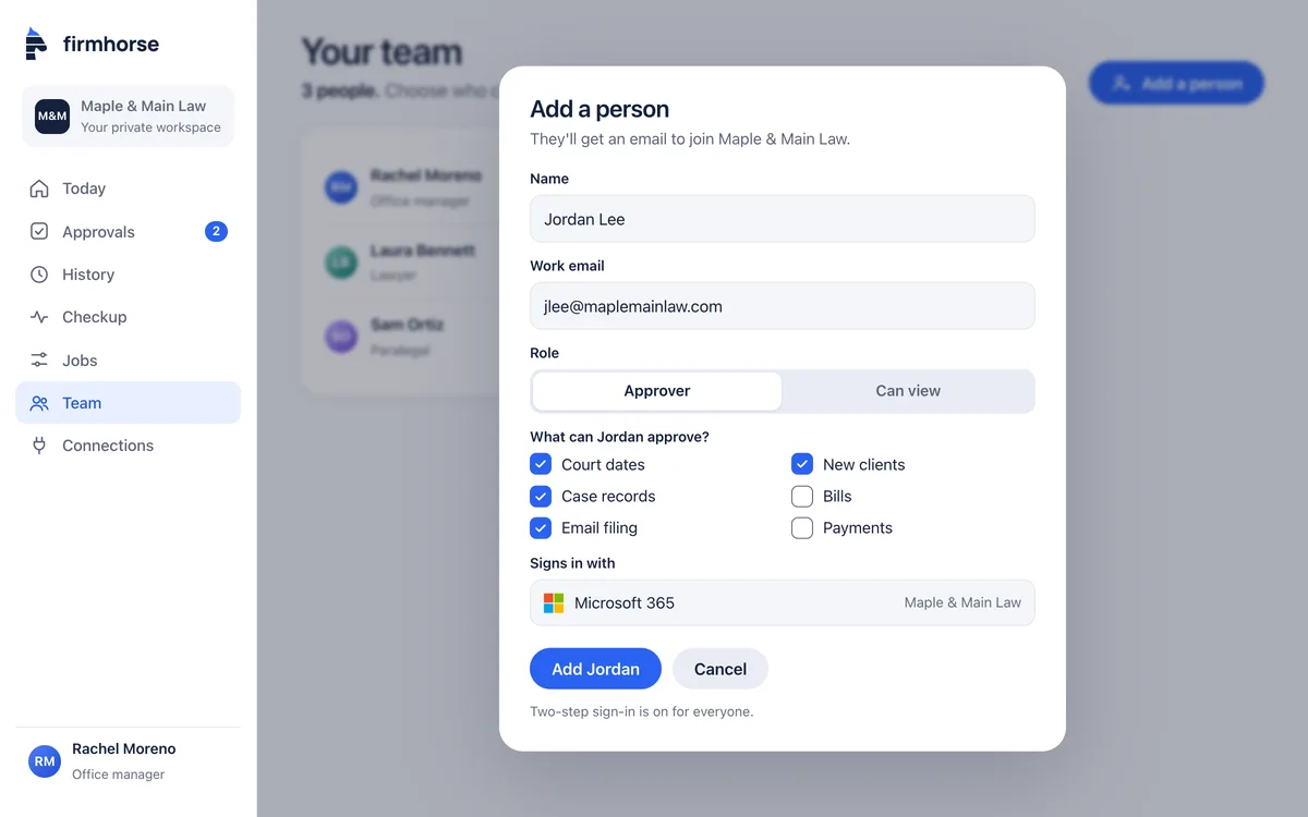Adding a person in the Firmhorse app: name, work email, approver role, and which kinds of work they can approve.